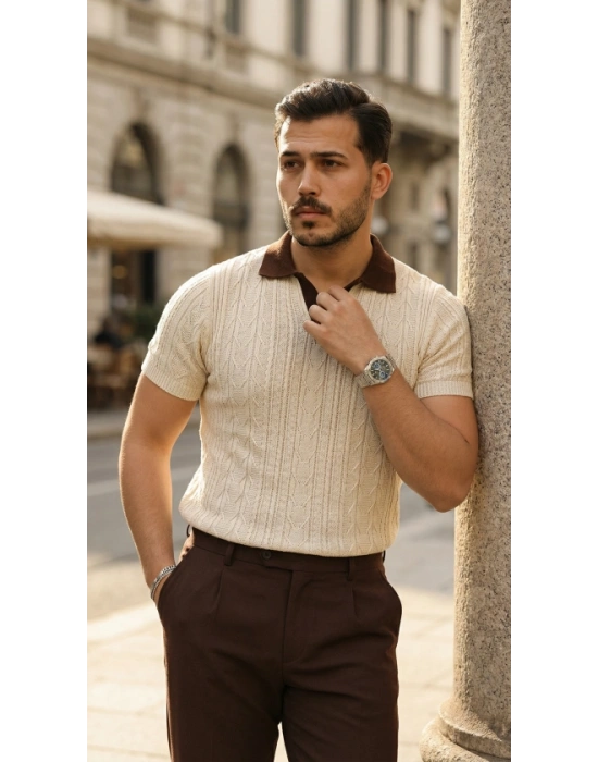 Erkek Desenli Kısa Kollu Triko Tişört  %100 Pamuk Akrilik