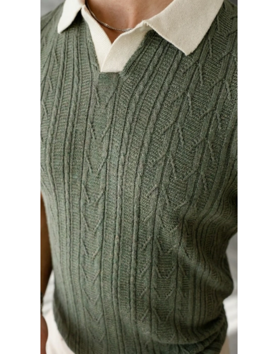 Erkek Desenli Kısa Kollu Triko Tişört  %100 Pamuk Akrilik