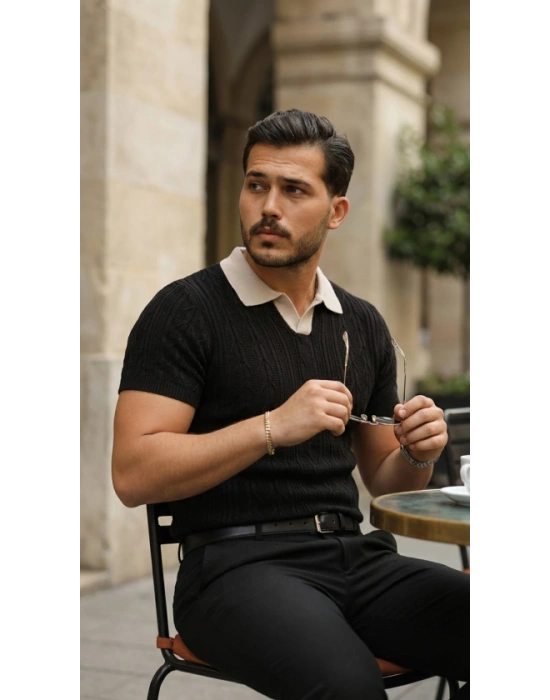 Erkek Desenli Kısa Kollu Triko Tişört  %100 Pamuk Akrilik