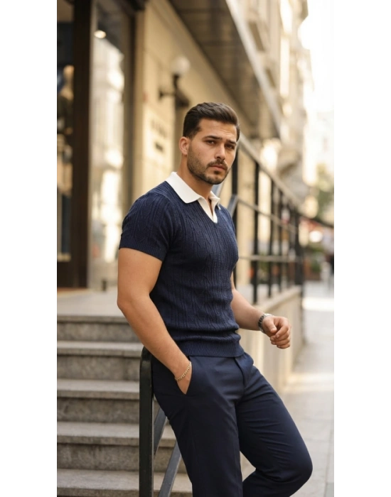 Erkek Desenli Kısa Kollu Triko Tişört  %100 Pamuk Akrilik