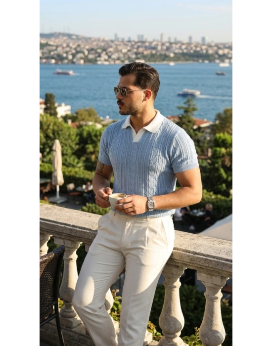 Erkek Desenli Kısa Kollu Triko Tişört  %100 Pamuk Akrilik