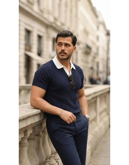 Erkek Desenli Kısa Kollu Triko Tişört  %100 Pamuk Akrilik