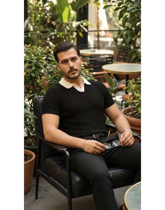 Erkek Desenli Kısa Kollu Triko Tişört  %100 Pamuk Akrilik