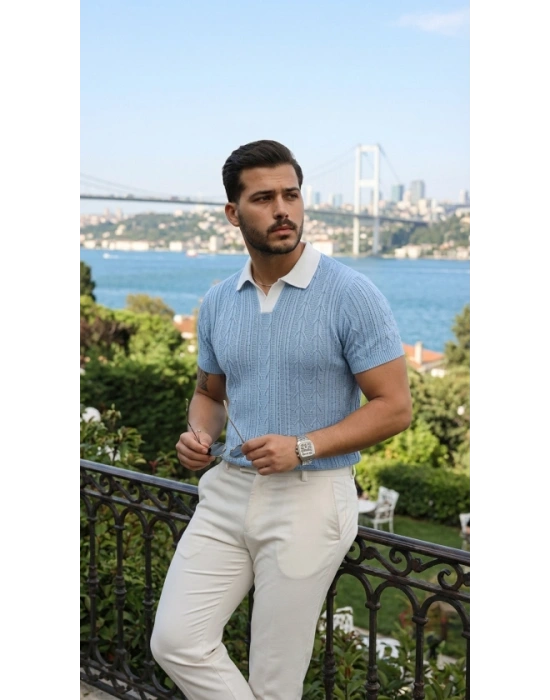 Erkek Desenli Kısa Kollu Triko Tişört  %100 Pamuk Akrilik