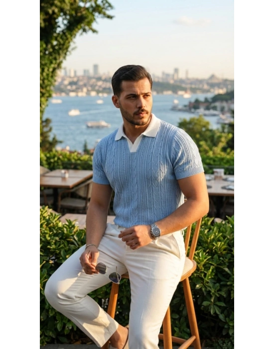 Erkek Desenli Kısa Kollu Triko Tişört  %100 Pamuk Akrilik