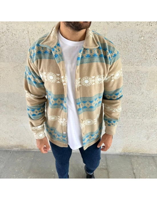 Erkek Desenli Polar Gömlek – Etnik Şerit Desen Yakalı, Uzun Kollu, Düğmeli, Oversize Rahat Kalıp  arı