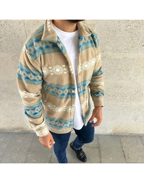 Erkek Desenli Polar Gömlek – Etnik Şerit Desen Yakalı, Uzun Kollu, Düğmeli, Oversize Rahat Kalıp  arı