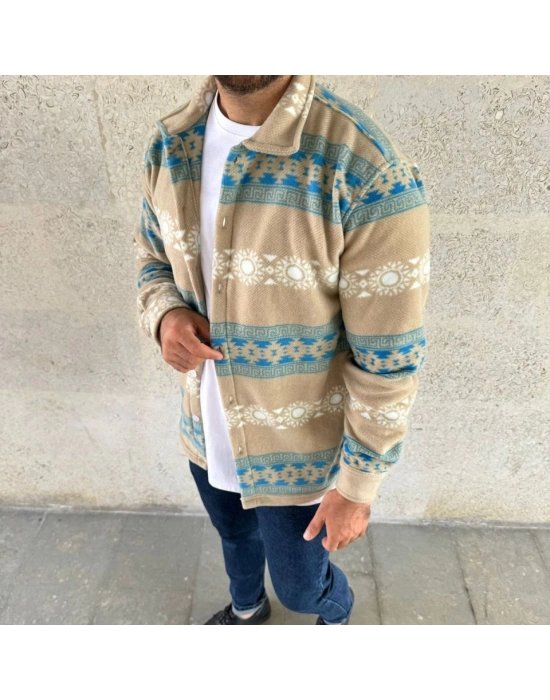 Erkek Desenli Polar Gömlek – Etnik Şerit Desen Yakalı, Uzun Kollu, Düğmeli, Oversize Rahat Kalıp  arı