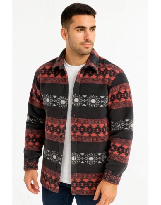 Erkek Desenli Polar Gömlek – Etnik Şerit Desen Yakalı, Uzun Kollu, Düğmeli, Oversize Rahat Kalıp  Füme