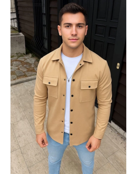 Erkek Diagonal Kumaş Cepli Çıtçıtlı Uzun Kollu, Gömlek Oversize Rahat Kalıp Günlük Şık til  Bej