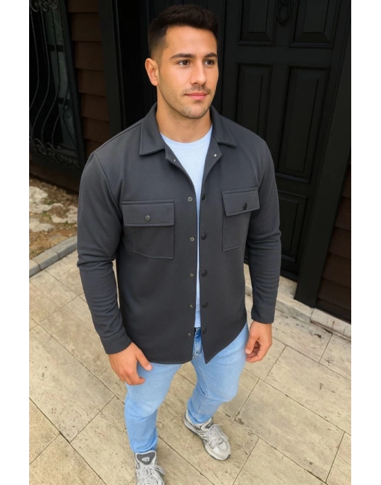 Erkek Diagonal Kumaş Cepli Çıtçıtlı Uzun Kollu, Gömlek Oversize Rahat Kalıp Günlük Şık til  Füme