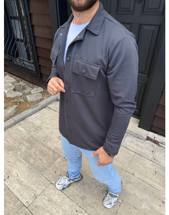 Erkek Diagonal Kumaş Cepli Çıtçıtlı Uzun Kollu, Gömlek Oversize Rahat Kalıp Günlük Şık til  Füme