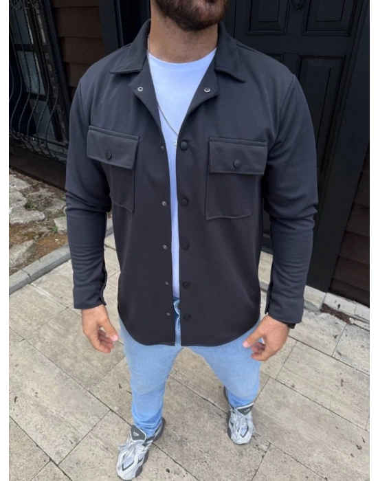 Erkek Diagonal Kumaş Cepli Çıtçıtlı Uzun Kollu, Gömlek Oversize Rahat Kalıp Günlük Şık til  Füme