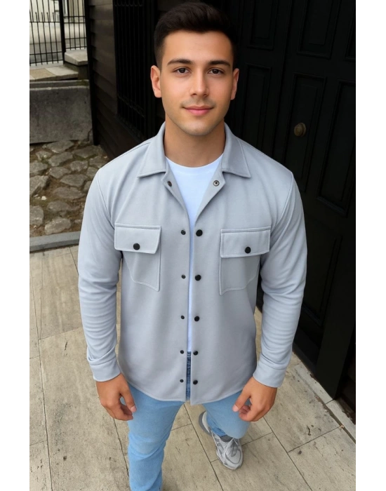 Erkek Diagonal Kumaş Cepli Çıtçıtlı Uzun Kollu, Gömlek Oversize Rahat Kalıp Günlük Şık til  Gri