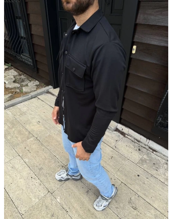 Erkek Diagonal Kumaş Cepli Çıtçıtlı Uzun Kollu, Gömlek Oversize Rahat Kalıp Günlük Şık til  iyah