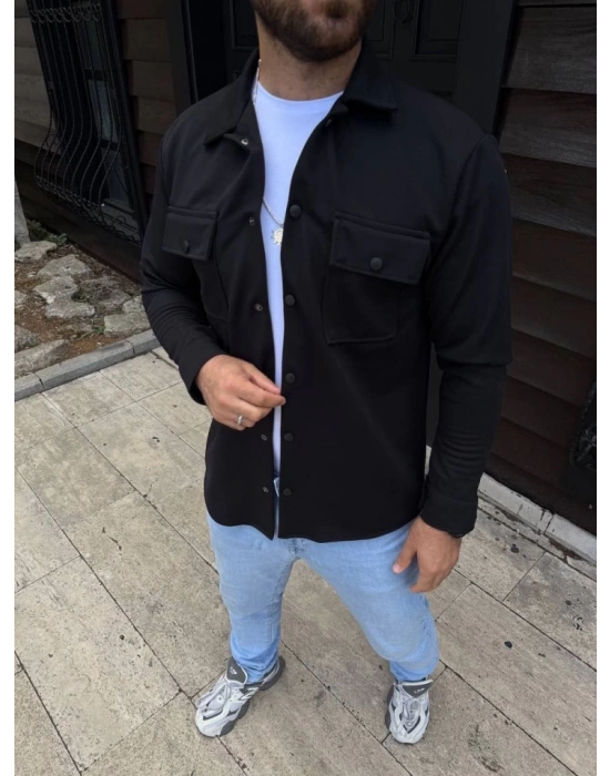 Erkek Diagonal Kumaş Cepli Çıtçıtlı Uzun Kollu, Gömlek Oversize Rahat Kalıp Günlük Şık til  iyah