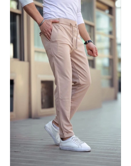 Erkek Diagonel ikro Dokulu Cepli Beli astilki Pantolon  Kahverengi