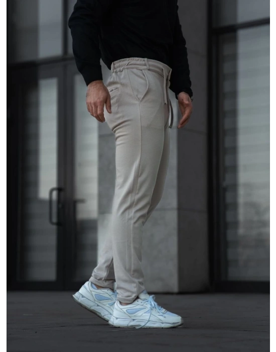 Erkek Diagonel ikro Dokulu Cepli Pantolon  Bej