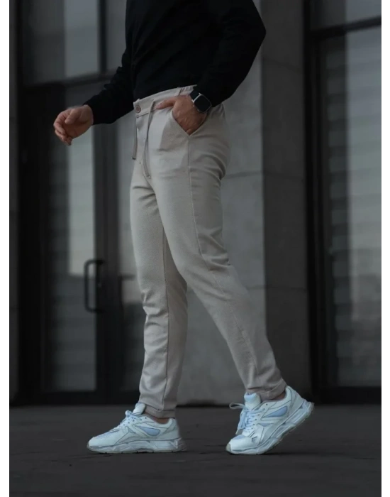 Erkek Diagonel ikro Dokulu Cepli Pantolon  Gri