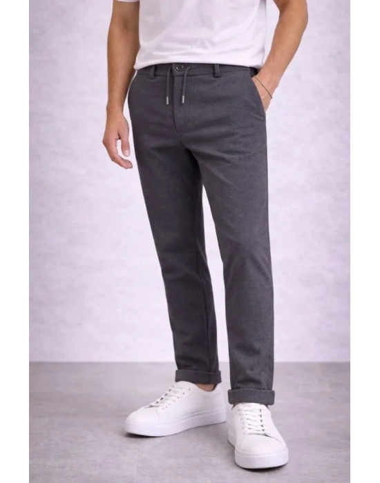 Erkek Diagonel ikro Dokulu Duble Paça Cepli Pantolon Bağcıklı Bel, odern Kesim  Füme