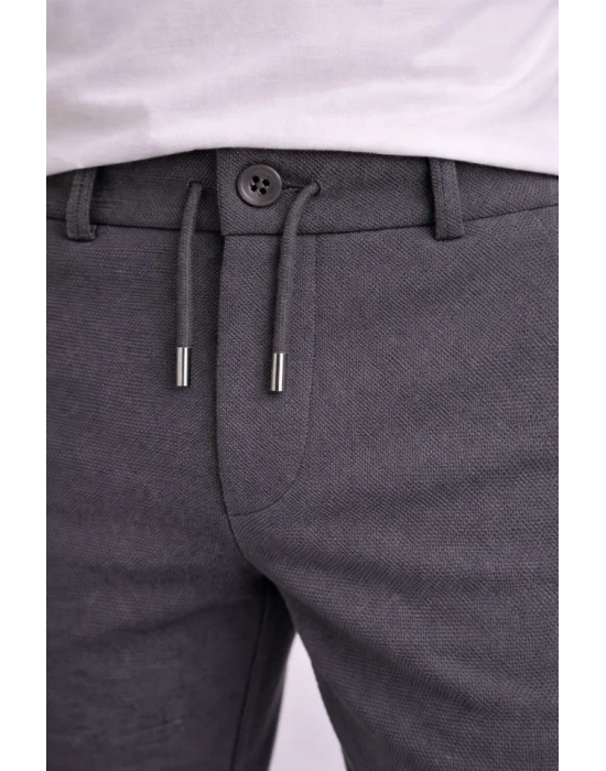 Erkek Diagonel ikro Dokulu Duble Paça Cepli Pantolon Bağcıklı Bel, odern Kesim  Füme