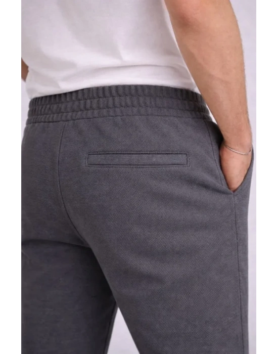 Erkek Diagonel ikro Dokulu Duble Paça Cepli Pantolon Bağcıklı Bel, odern Kesim  Füme