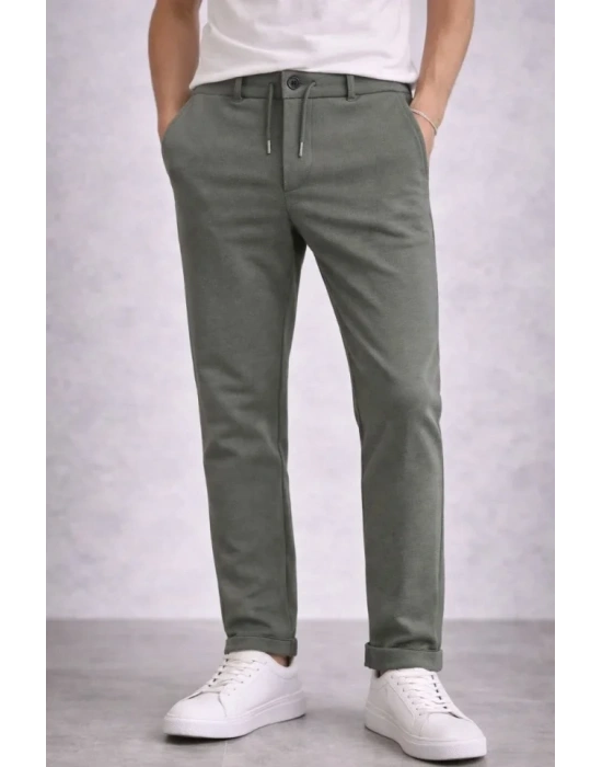 Erkek Diagonel ikro Dokulu Duble Paça Cepli Pantolon Bağcıklı Bel, odern Kesim  Haki