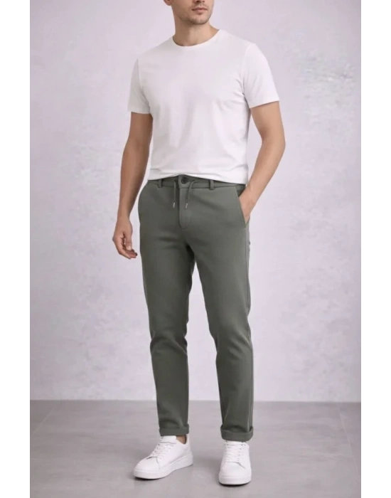 Erkek Diagonel ikro Dokulu Duble Paça Cepli Pantolon Bağcıklı Bel, odern Kesim  Haki