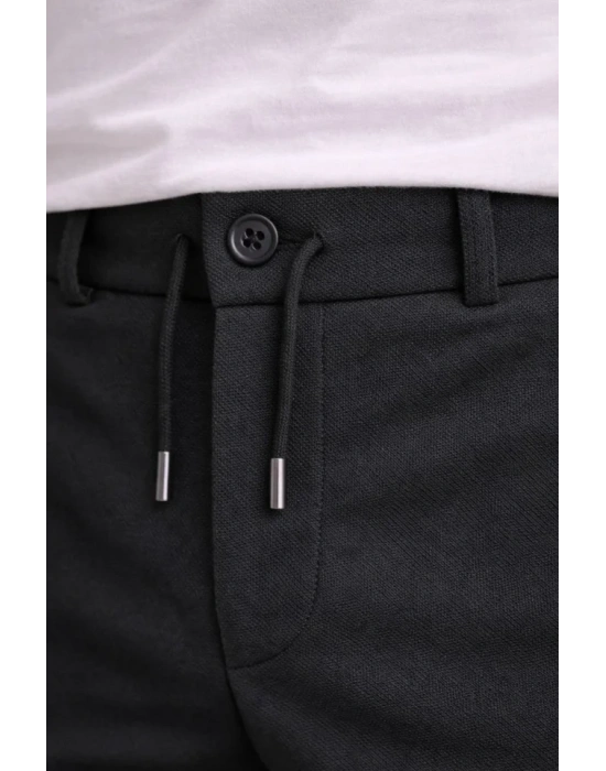 Erkek Diagonel ikro Dokulu Duble Paça Cepli Pantolon Bağcıklı Bel, odern Kesim  iyah