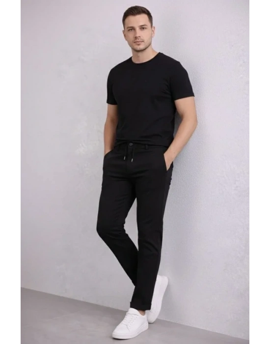 Erkek Diagonel ikro Dokulu Duble Paça Cepli Pantolon Bağcıklı Bel, odern Kesim  iyah