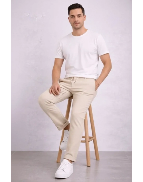 Erkek Diagonel ikro Dokulu Duble Paça Cepli Pantolon Bağcıklı Bel, odern Kesim  Krem