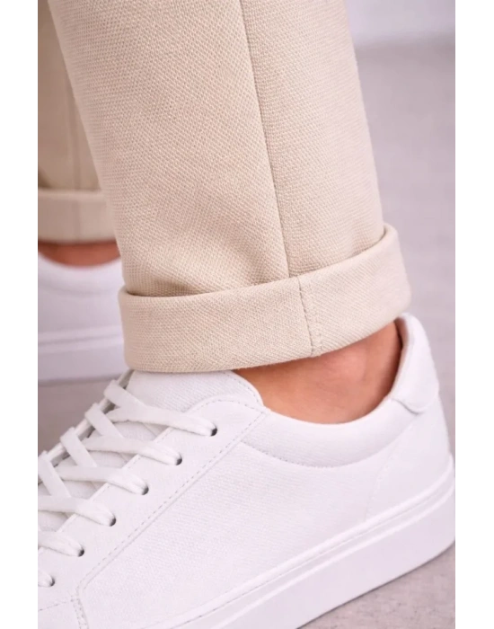 Erkek Diagonel ikro Dokulu Duble Paça Cepli Pantolon Bağcıklı Bel, odern Kesim  Krem