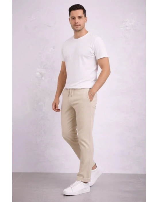 Erkek Diagonel ikro Dokulu Duble Paça Cepli Pantolon Bağcıklı Bel, odern Kesim  Krem