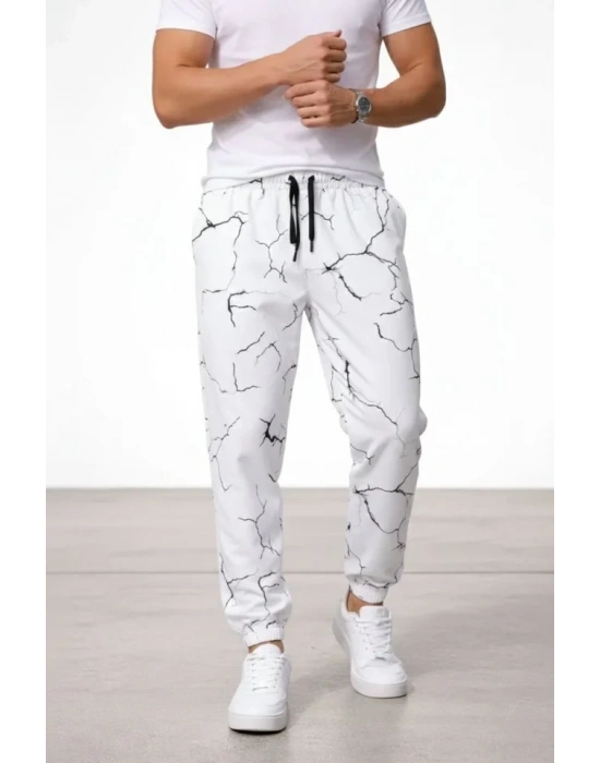 Erkek Dijital Baskılı Eşofman Altı Kışlık Üç İplik Şardonlu Kumaş astikli Paça, Cepli, Rahat Kalıp  Beyaz