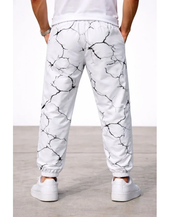 Erkek Dijital Baskılı Eşofman Altı Kışlık Üç İplik Şardonlu Kumaş astikli Paça, Cepli, Rahat Kalıp  Beyaz