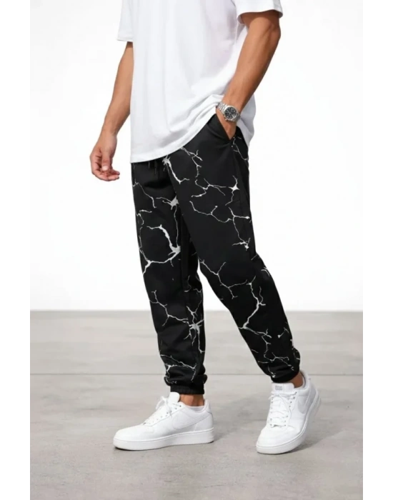 Erkek Dijital Baskılı Eşofman Altı Kışlık Üç İplik Şardonlu Kumaş astikli Paça, Cepli, Rahat Kalıp  iyah