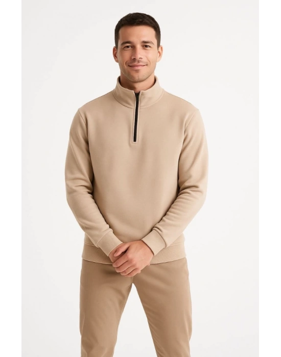 Erkek Dik Yaka weatshirt Dik Yaka Yarım Fermuarlı 3 İplik Şardonlu Pamuk Kumaş  Bej