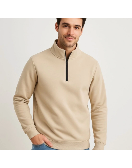 Erkek Dik Yaka weatshirt Dik Yaka Yarım Fermuarlı 3 İplik Şardonlu Pamuk Kumaş  Bej