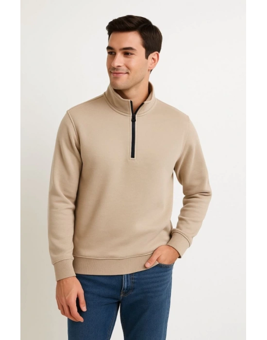 Erkek Dik Yaka weatshirt Dik Yaka Yarım Fermuarlı 3 İplik Şardonlu Pamuk Kumaş  Bej