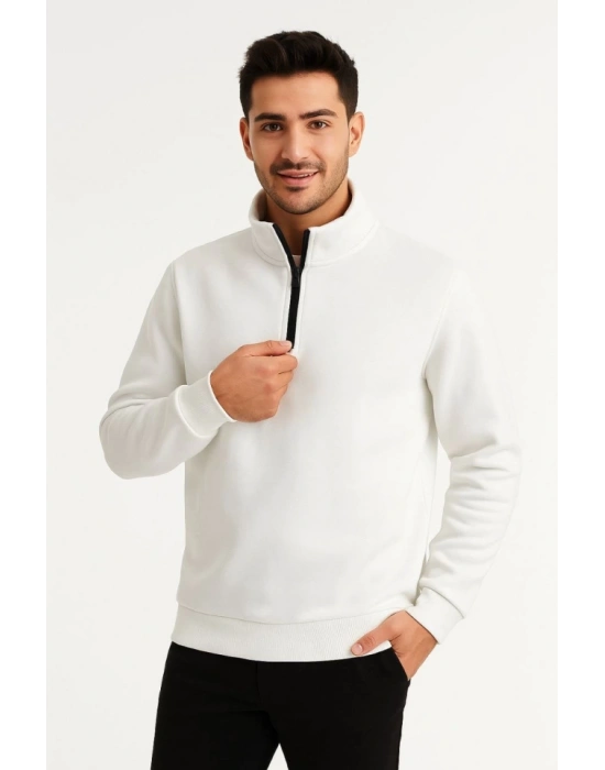 Erkek Dik Yaka weatshirt Dik Yaka Yarım Fermuarlı 3 İplik Şardonlu Pamuk Kumaş  Beyaz