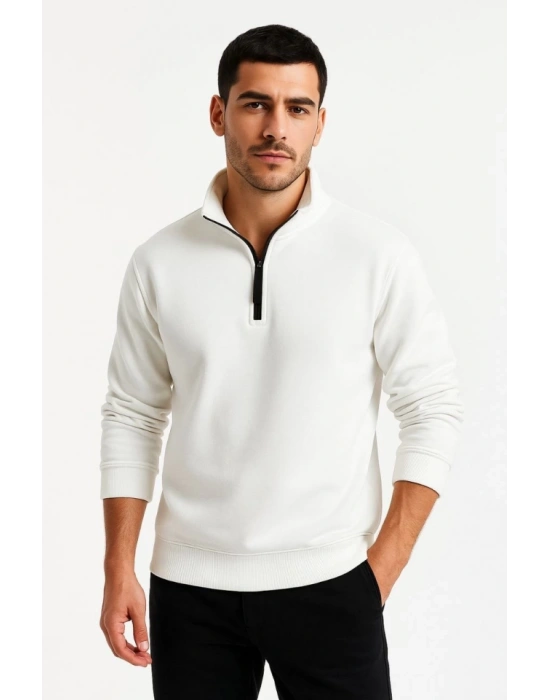 Erkek Dik Yaka weatshirt Dik Yaka Yarım Fermuarlı 3 İplik Şardonlu Pamuk Kumaş  Beyaz