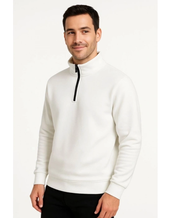 Erkek Dik Yaka weatshirt Dik Yaka Yarım Fermuarlı 3 İplik Şardonlu Pamuk Kumaş  Beyaz