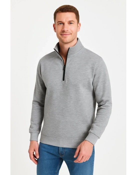 Erkek Dik Yaka weatshirt Dik Yaka Yarım Fermuarlı 3 İplik Şardonlu Pamuk Kumaş  Gri