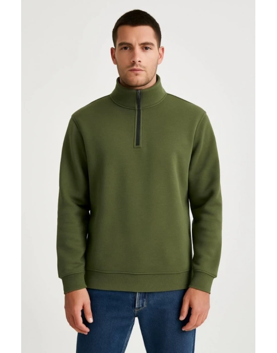 Erkek Dik Yaka weatshirt Dik Yaka Yarım Fermuarlı 3 İplik Şardonlu Pamuk Kumaş  Haki