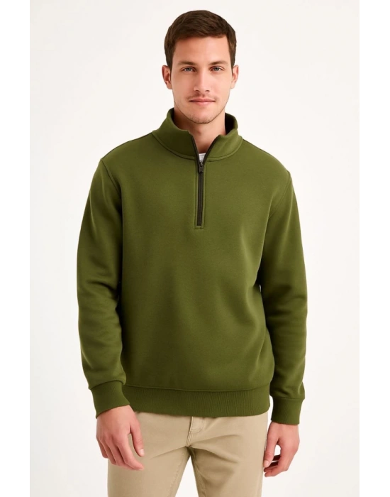Erkek Dik Yaka weatshirt Dik Yaka Yarım Fermuarlı 3 İplik Şardonlu Pamuk Kumaş  Haki