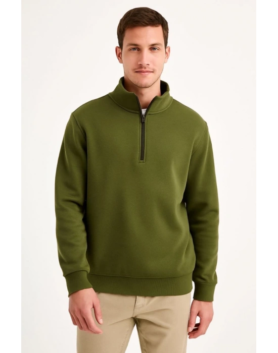 Erkek Dik Yaka weatshirt Dik Yaka Yarım Fermuarlı 3 İplik Şardonlu Pamuk Kumaş  Haki