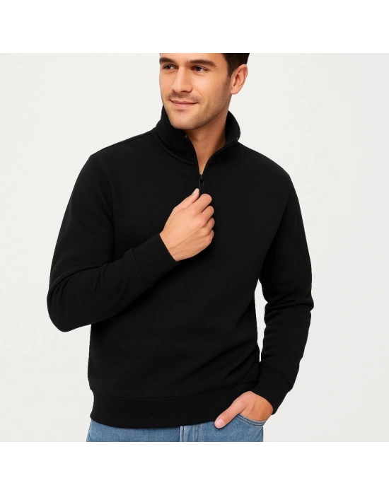 Erkek Dik Yaka weatshirt Dik Yaka Yarım Fermuarlı 3 İplik Şardonlu Pamuk Kumaş  iyah
