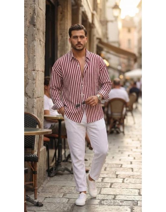 Erkek Dikey Çizgili Yarım Oversize Gömlek