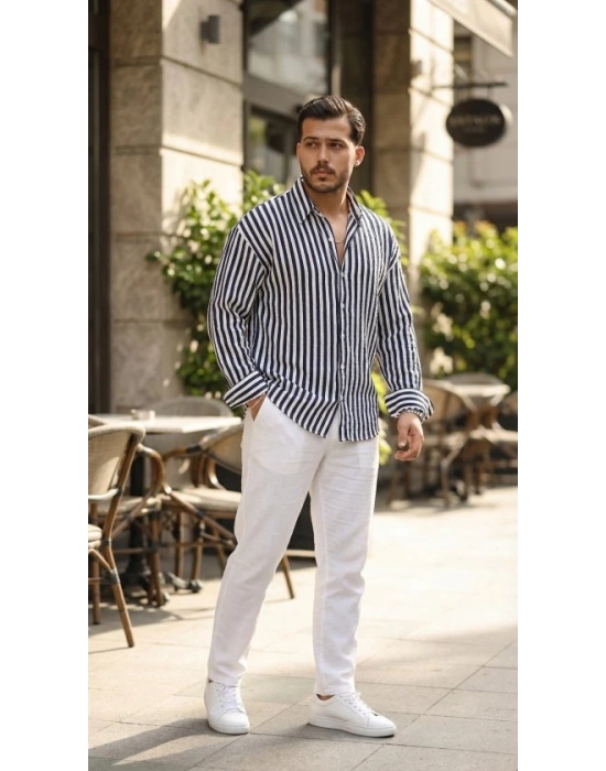 Erkek Dikey Çizgili Yarım Oversize Gömlek
