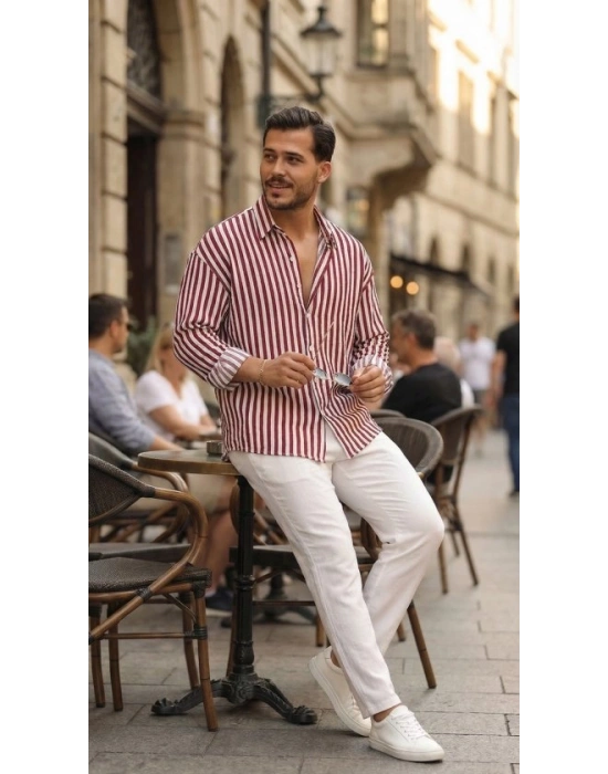 Erkek Dikey Çizgili Yarım Oversize Gömlek